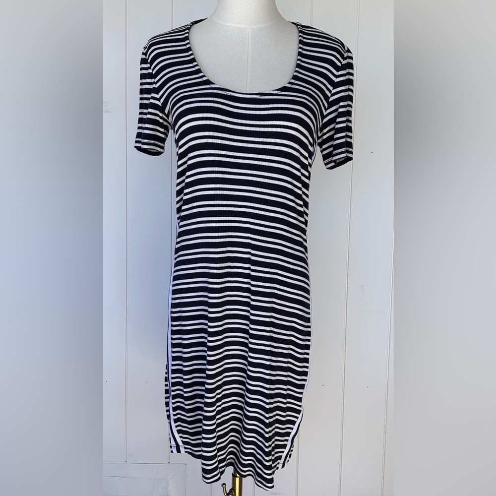 Tommy‎ Jeans Women’s Rib Knit Tee Shirt Dress Athletic Side Stripes Size Med